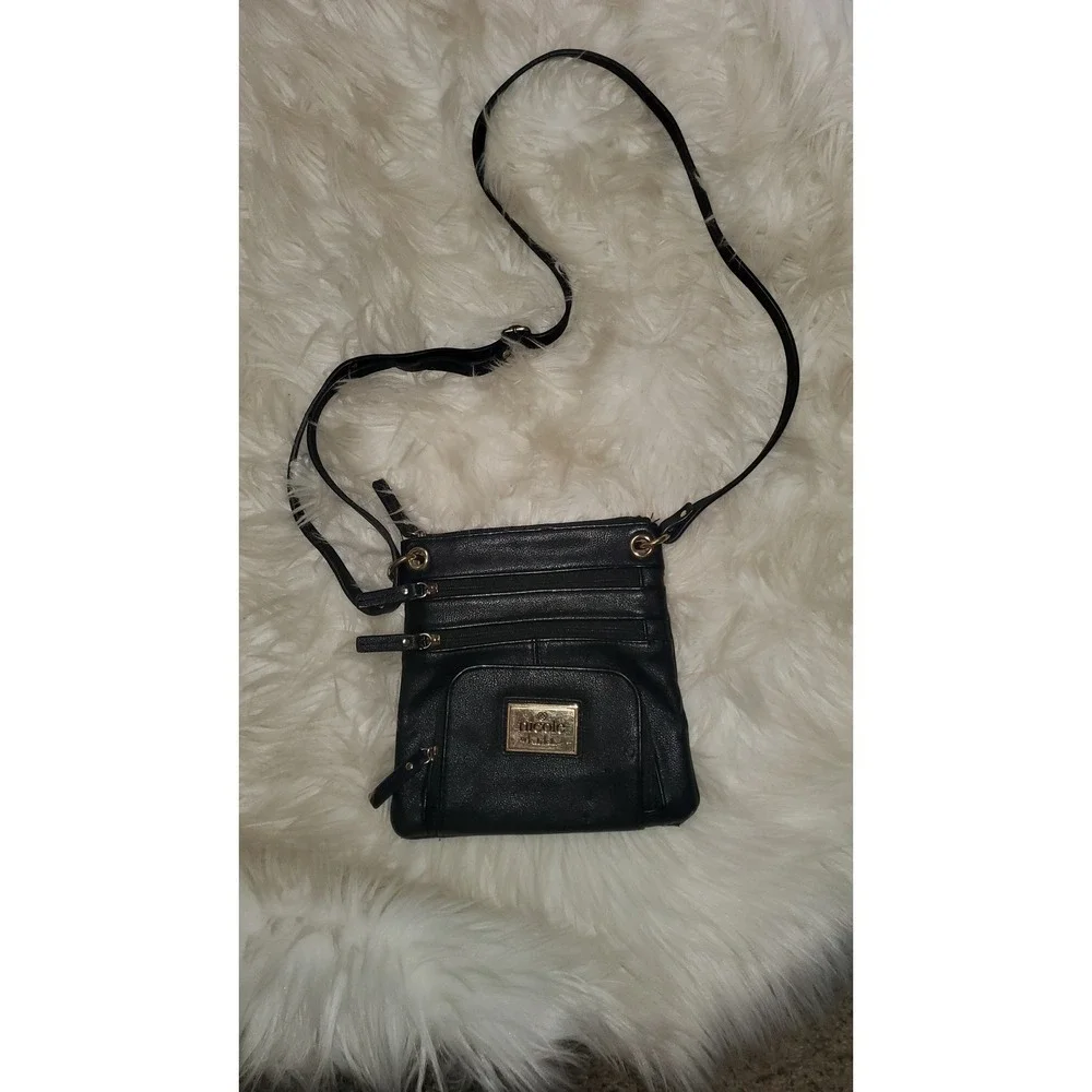 Nicole by Nicole Miller Black Crossbody Bag Multi Zipper Faux Leather Purse
